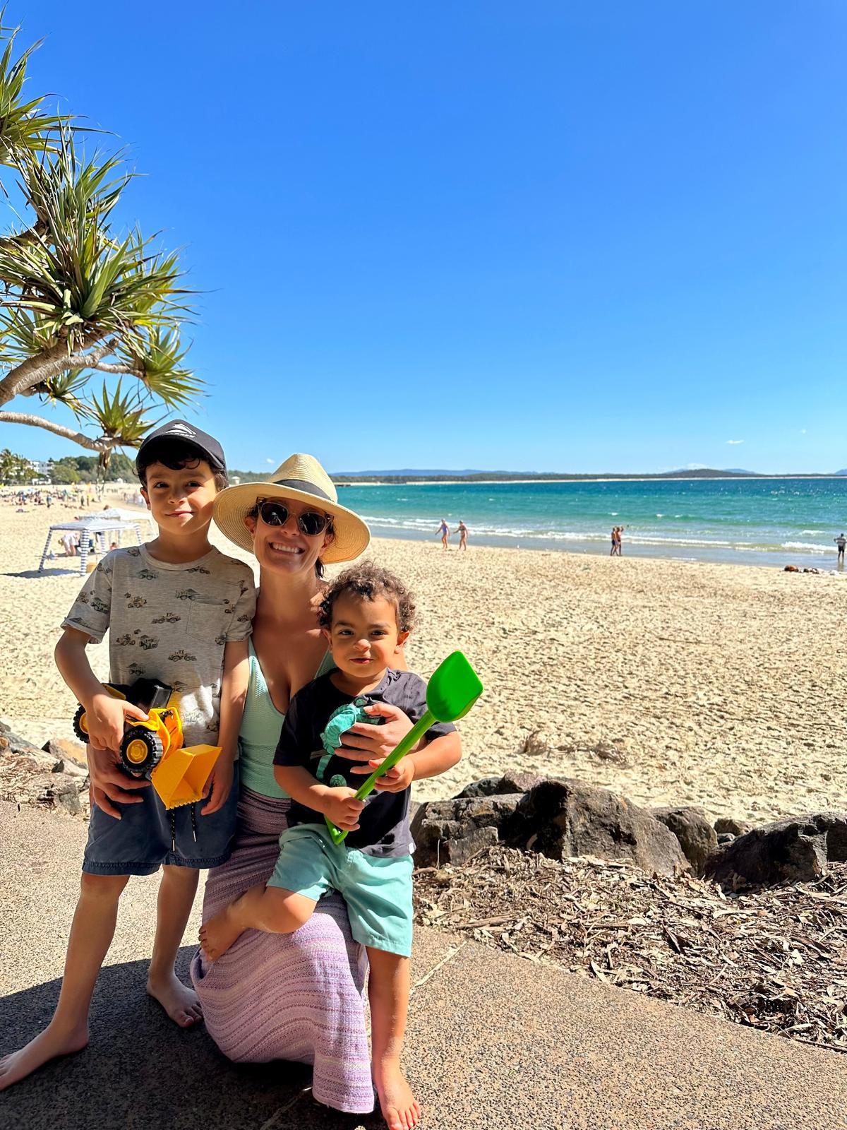 Vanessa and her boys at Noosa Beach, Sunshine Coast